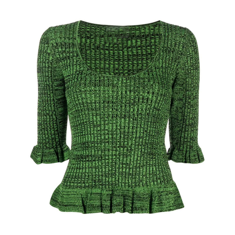 Feminine Green Ruffled Trim Half Sleeve Scoop Neck Marled Rib Knit Fitted Sweater