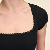 Feminine Scalloped Trim Square Neck Short Sleeve Rib Knit Fitted Top