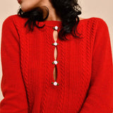Flattering Floral Embellished Cutout Crew Neck Red Cable Rib Knit Fitted Sweater