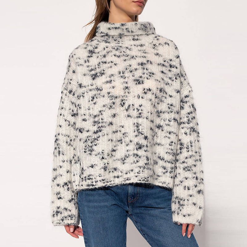 Fluffy Cream Mohair Blend High Neck Oversized Speckled Knit Sweater