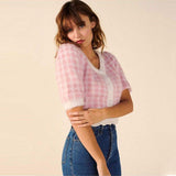 Fluffy Mohair Checkered Print Short Sleeve Button Up Cropped Knit Cardigan
