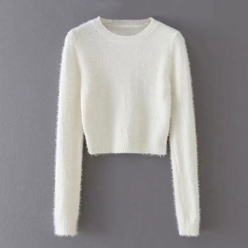 Fluffy White Mohair Eyelash Knit Crew Neck Fitted Cropped Sweater