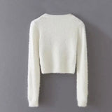 Fluffy White Mohair Eyelash Knit Crew Neck Fitted Cropped Sweater