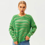 Fluffy Green Zebra Pattern Crew Neck Drop Sleeve Pullover Sweater