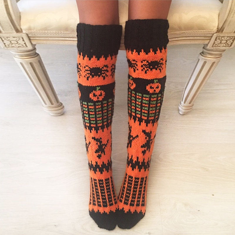 Halloween Pumpkin Face Thigh High Orange Contrast Knit Socks