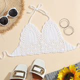 Macrame White Crochet Knit Longline Halter Triangle Bikini Top