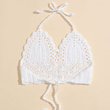 Macrame White Crochet Knit Longline Halter Triangle Bikini Top