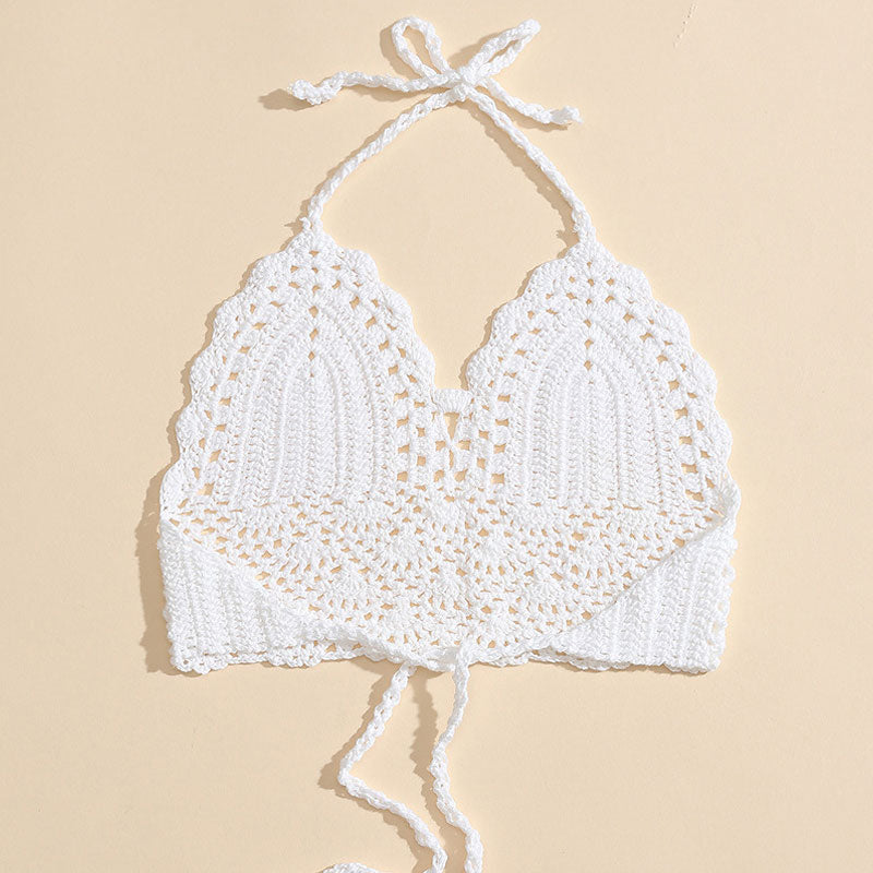 Macrame White Crochet Knit Longline Halter Triangle Bikini Top