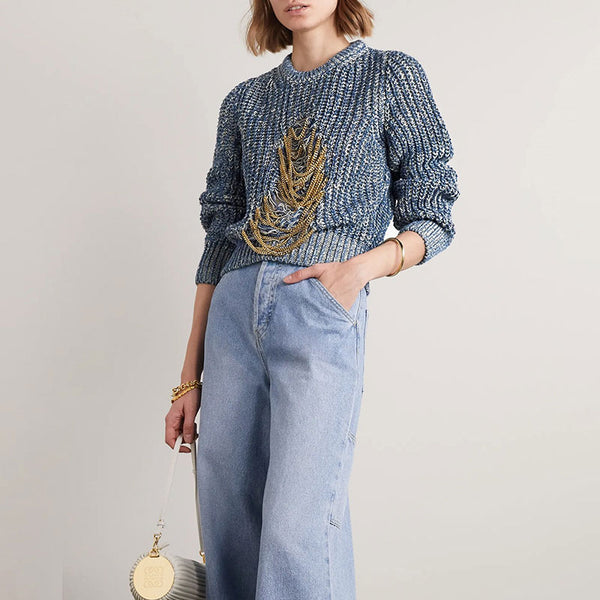 Metallic Chain Embellished Ripped Dusty Blue Marled Knit Pullover Sweater