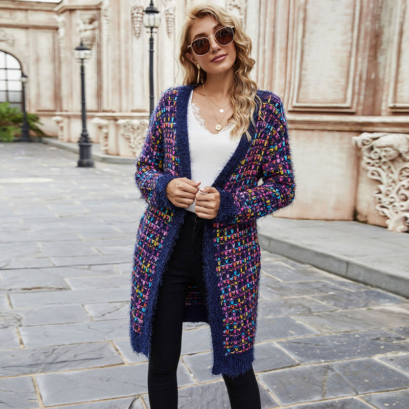 Multicolor Speckled Boucle Plaid Open Front Knit Cardigan