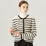 Nautical Crew Neck Button Up Wool Blend Black and Beige Striped Cardigan