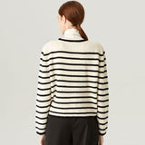Nautical Crew Neck Button Up Wool Blend Black and Beige Striped Cardigan