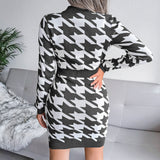 OL V Neck Long Sleeve Bodycon Houndstooth Sweater Mini Dress