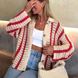 Oversized Collared Crochet Open Knit Red and White Striped Cardigan