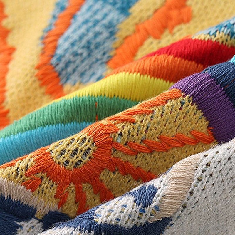Oversized Landscape Intarsia Knit Crew Neck Rainbow Striped Sweater