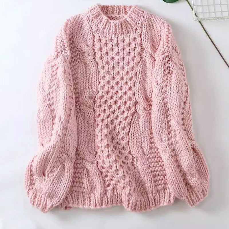 Oversized Puff Sleeve Pink Fisherman Cable Pattern Hand Knit Chunky Sweater