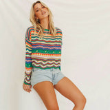 Oversized Pullover Rainbow Striped Multicolor Crochet Pointelle Knit Sweater
