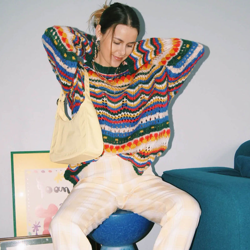 Oversized Pullover Rainbow Striped Multicolor Crochet Pointelle Knit Sweater