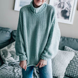 Oversized Chunky Ribbed Knit Roll Edge High Neck Drop Shoulder Sweater
