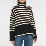 Oversized Turtleneck Bell Sleeve Breton Stripe Slit Knit Sweater