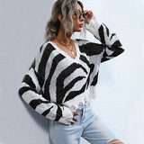 Oversized Black Zebra Print Distressed Trim V Neck Pullover Sweater