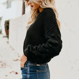 Pom Detail Long Sleeve Crew Neck Pullover Knit Sweater