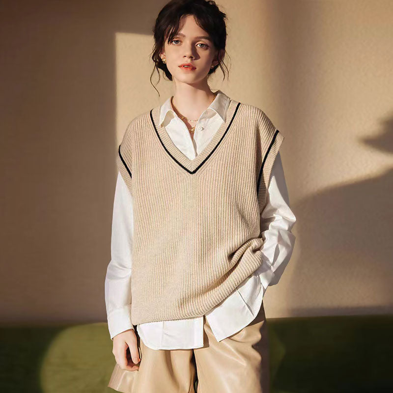 Preppy Cream Contrast Trim V Neck Wool Blend Rib Knit Sweater Vest – Fox  Sweaters