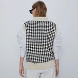 Preppy V Neck Two Tone Houndstooth Oversized Sweater Vest