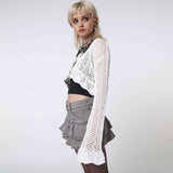 Pretty White Flare Sleeve Front Tie Ruffle Crochet Open Knit Crop Cardigan