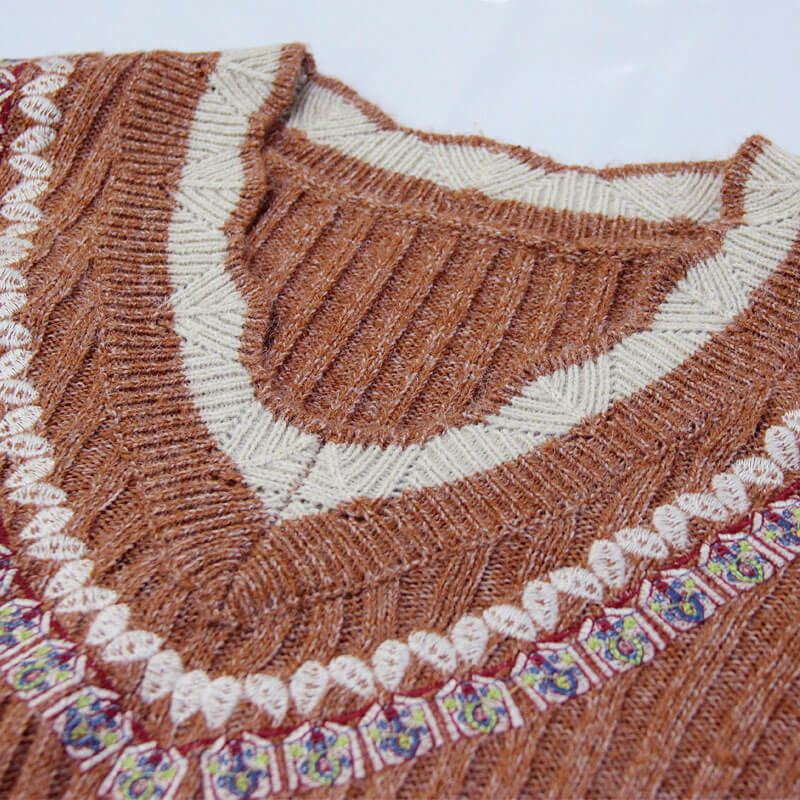 Retro Light Brown Embroidered Scalloped Hem V Neck Bell Sleeve Rib Knit Sweater