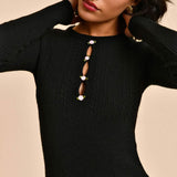 Retro Rose Detail Cutout Crew Neck Rib Knit Fitted Midi Black Sweater Dress