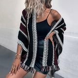 Retro Tassel Trim Multicolored Contrast Striped Textured Knit Shawl Cardigan