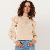 Romantic Frill Puff Sleeve Crew Neck Khaki Pointelle Open Knit Cropped Sweater