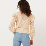 Romantic Frill Puff Sleeve Crew Neck Khaki Pointelle Open Knit Cropped Sweater