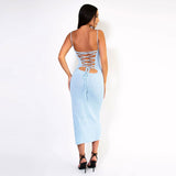 Sensual Blue Lace Up Backless Side Slit Spaghetti Strap Midi Knit Dress