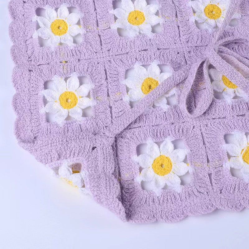 Sexy Backless Halter Purple Daisy Granny Square Crochet Knit Crop Top