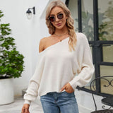 Sexy Boat Neck One Shoulder Long Sleeve White Pullover Rib Knit Sweater