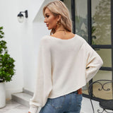 Sexy Boat Neck One Shoulder Long Sleeve White Pullover Rib Knit Sweater
