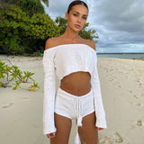 Sexy Boat Neck Rolled Edge Crop Knit Top and Drawstring Shorts Matching Set