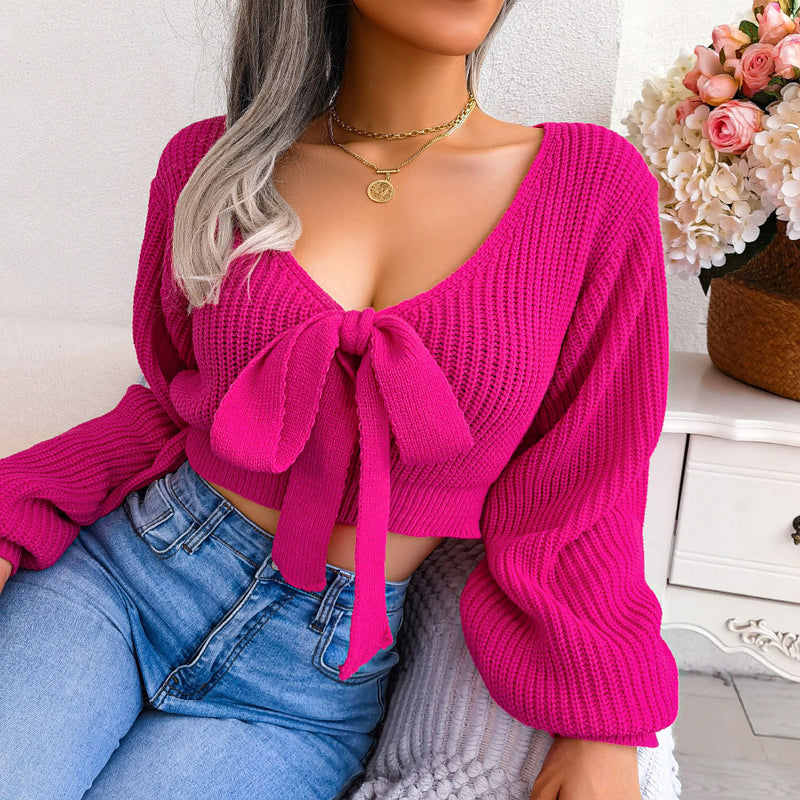 Sexy Bow Tie V Neck Balloon Sleeve Brioche Knit Cropped Sweater