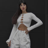 Sexy Crew Neck Long Sleeve Cutout Front Rib Knit White Fitted Crop Top