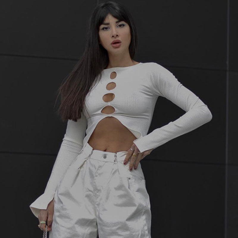 Sexy Crew Neck Long Sleeve Cutout Front Rib Knit White Fitted Crop Top
