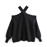 Sexy Criss Cross Neck Cold Shoulder Oversized Pullover Sweater