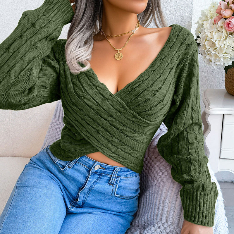 Sexy Crossover Wrap Effect V Neck Cable Knit Cropped Sweater