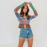 Sexy Cutout Button Up Multicolored Striped Space Dye Knit Collared Crop Cardigan