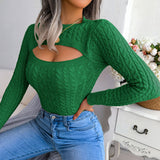 Sexy Cutout Front Crew Neck Chunky Cable Knit Fitted Sweater