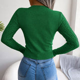 Sexy Cutout Front Crew Neck Chunky Cable Knit Fitted Sweater