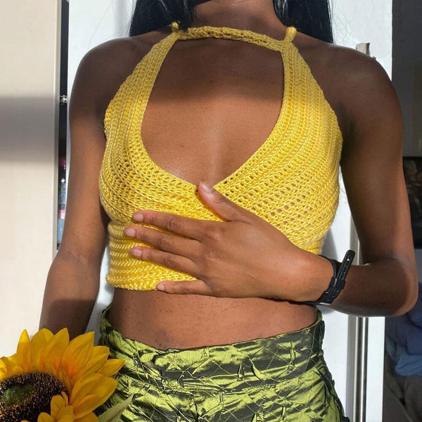 Sexy Yellow Cutout Lace Up Backless Cropped Open Knit Wrap Top