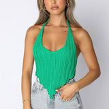 Sexy Hanky Hem Scoop Neck Backless Brioche Rib Knit Crop Halter Top