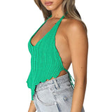 Sexy Hanky Hem Scoop Neck Backless Brioche Rib Knit Crop Halter Top